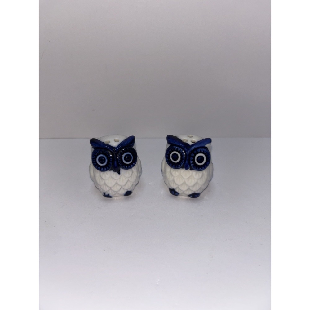 Vintage Blue & White Ceramic Owl Salt and Pepper Shakers Pair Mid Century Style